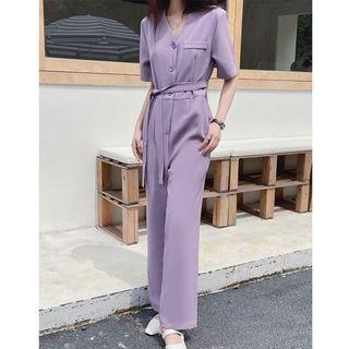 Elbow-sleeve V-neck Straight Leg Jumpsuit