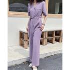 Elbow-sleeve V-neck Straight Leg Jumpsuit