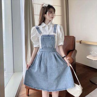 Puff-sleeve Plain Shirt / Denim Overall Dress