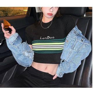 Short-sleeve Striped Cropped T-shirt Black & Green - One Size