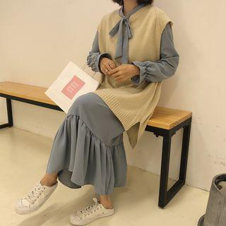 Tie-neck Dress / Knit Vest