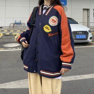 Cartoon Patched Two-tone Baseball Jacket