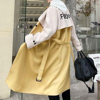 Lettering Print Two-tone Double-breasted Belted Trench Coat