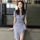 Short-sleeve Asymmetrical Sheath Dress Gray - One Size