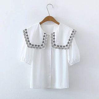 Short-sleeve Embroidered Wide Collar Blouse