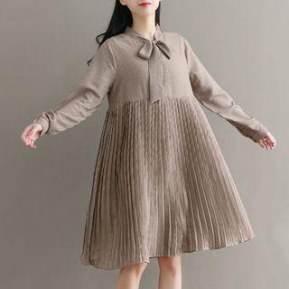 Tie-neck Houndstooth Long-sleeve A-line Dress