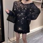 Sequined Pointelle Ripped Knit Top Black - One Size
