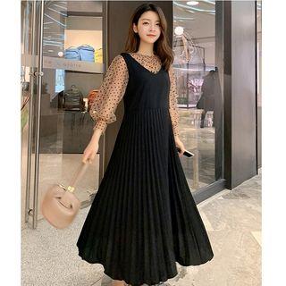 V-neck Sleeveless A-line Dress / Dotted Long-sleeve Top