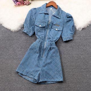 Short-sleeve Zip Distressed Denim Romper