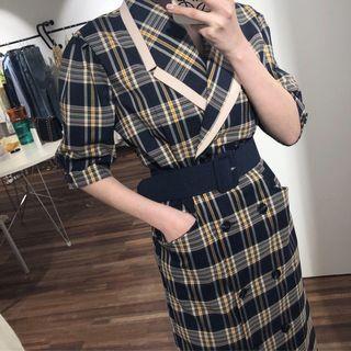 Elbow-sleeve Double Breasted Plaid Dress