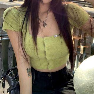 Short-sleeve Square-neck Crop Knit Top Green - One Size
