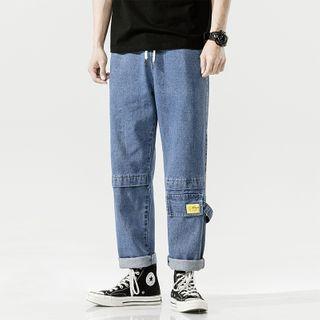 High-waist Drawstring Applique Straight Cut Jeans
