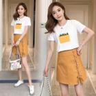 Set: Short-sleeve Printed T-shirt + A-line Lace-up Mini Skirt