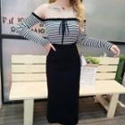 Long-sleeve Off-shoulder Striped Knit Top Top - Stripe - Black & White - One Size
