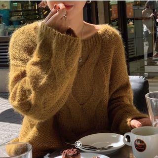 Long-sleeve Cable Knit Sweater Khaki - One Size