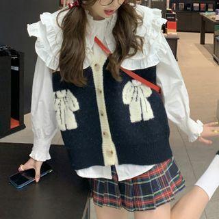 Long-sleeve Frill Trim Blouse / Bow Print Button-up Sweater Vest
