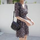 3/4-sleeve Wrap-front Floral Chiffon Dress