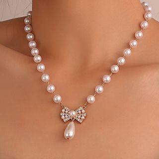 Bow Rhinestone Faux Pearl Alloy Necklace 01 - 1598 - Gold - One Size