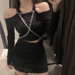 Set: Chain Detail Cold-shoulder Long-sleeve T-shirt + Mini Pencil Skirt Black - One Size