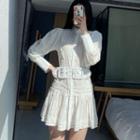 Puff-sleeve Stand-collar Plain Elastic-waist Dress