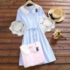Rabbit Accent Striped Collared Short Sleeve Dress