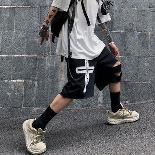Frayed Cutout Graphic Print Shorts
