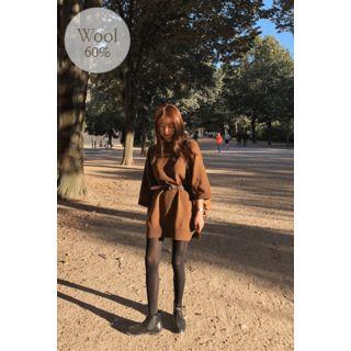 3/4-sleeve Wool Blend Dress With Sash