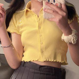 Short-sleeve Duck Embroidered Collared Knit Top Creamy Yellow - One Size