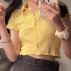Short-sleeve Duck Embroidered Collared Knit Top Creamy Yellow - One Size