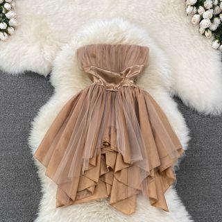 Strapless Mesh Panel Asymmetrical Dress