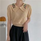 Elbow-sleeve Collared Flower Embroidered Knit Top