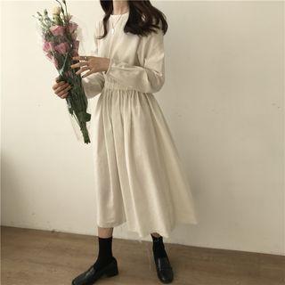 Long-sleeve Gathered Waist A-line Midi Dress Off-white - One Size