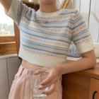 Short-sleeve Patterned Crop Sweater As Shown In Figure - One Size