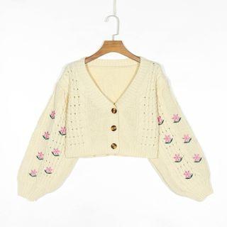 Floral Embroidered Cropped V-neck Cardigan