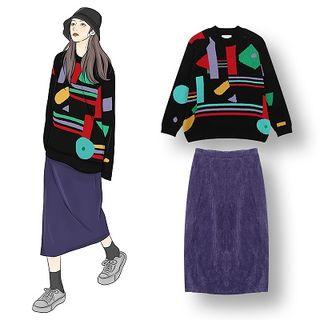Geometric Print Sweater / Corduroy Midi A-line Skirt