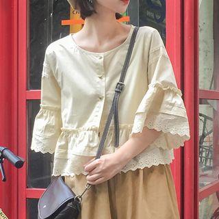 Eyelet Lace Trim Elbow-sleeve Blouse Beige Almond - One Size