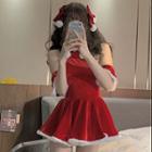 Set: Short-sleeve Cold Shoulder A-line Dress + Hair Clip
