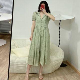 Short-sleeve Collar Floral Midi Smock Dress