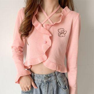 Bear Embroidered Ruffle Trim Knit Crop Top