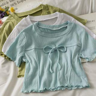 Ribbon-accent Ruffle-edge Crop T-shirt