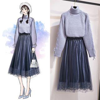 Set: Plain Turtleneck Sweater + Lace Trim Midi A-line Skirt
