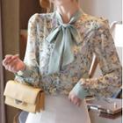 Long Sleeve Floral Print Lace-up Chiffon Blouse