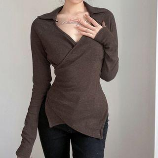 Long Sleeve Collar V-neck Irregular-hem Sweater