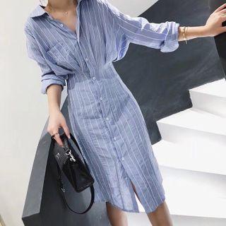 Pinstriped Long-sleeve Midi Sheath Shirtdress