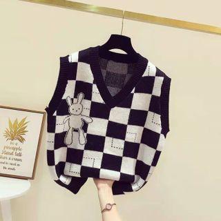 Rabbit Print Checkered Sweater Vest Vest - One Size