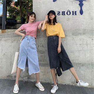 Asymmetric Frayed High-waist Denim Skirt