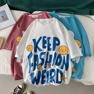 Elbow-sleeve Lettering Smiley Face Printed T-shirt