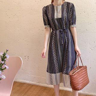 Puff-sleeve Long Floral Dress With Sash