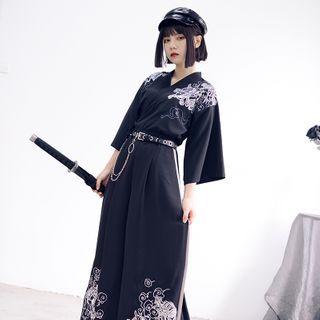 Printed 3/4-sleeve Wrap Blouse