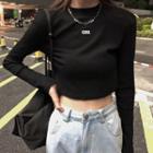 Long-sleeve Lettering Print Cropped T-shirt Black - One Size
